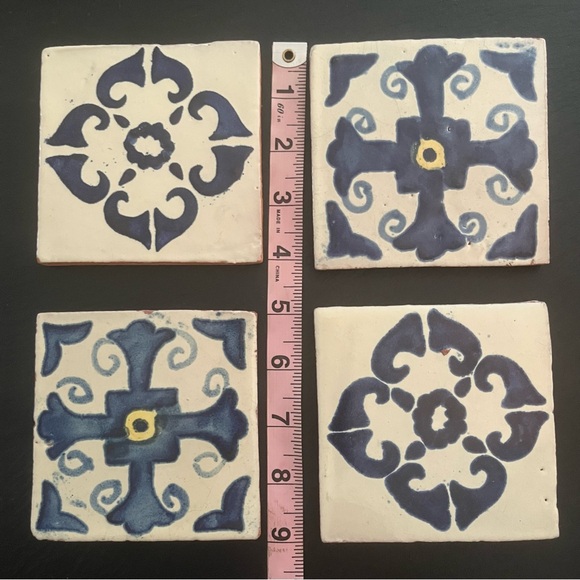 Mexican Hand Painted Terra-Cotta Talavera Vintage Tiles Set of 4 - Picture 9 of 11